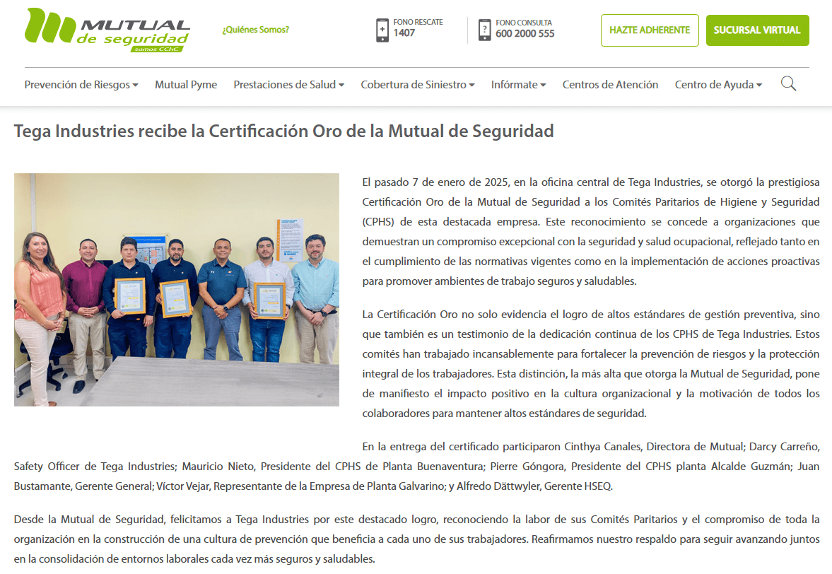 Tega Industries Receives Gold Certification from Mutual de Seguridad