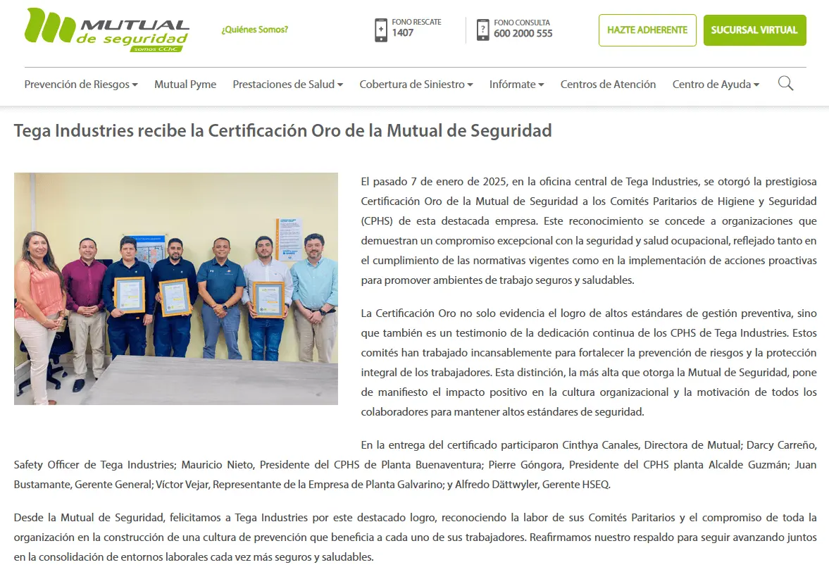 Tega Industries Receives Gold Certification from Mutual de Seguridad